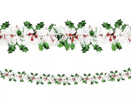 Holiday Tinsel Garland w  Foil Holly and Berry 18ft For Sale