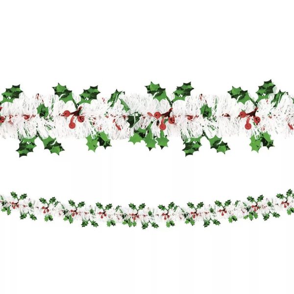 Holiday Tinsel Garland w  Foil Holly and Berry 18ft For Sale